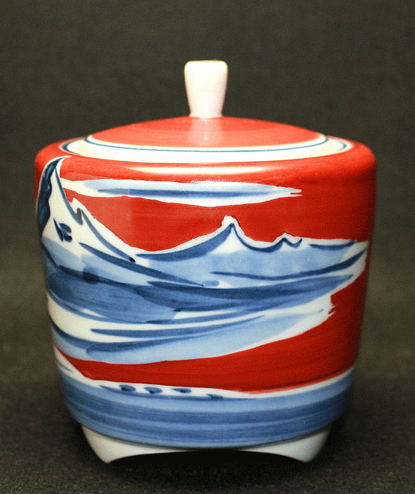 21014 篠田義一 (Blue Red painting Mountains Incense burner) SHINODA Giichi